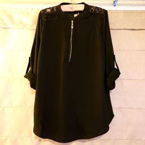 Moyabo Womens Lace Patchwork 3/4 Cuffed Sleeve V Neck Zip Up Chiffon Shirt